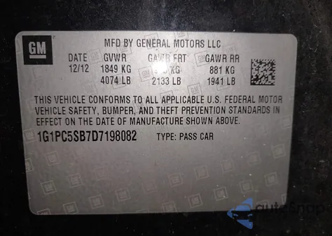 2013 Chevrolet Cruze 1Lt Auto z USA, uszkodzony, nr VIN 1G1PC5SB7D7198082